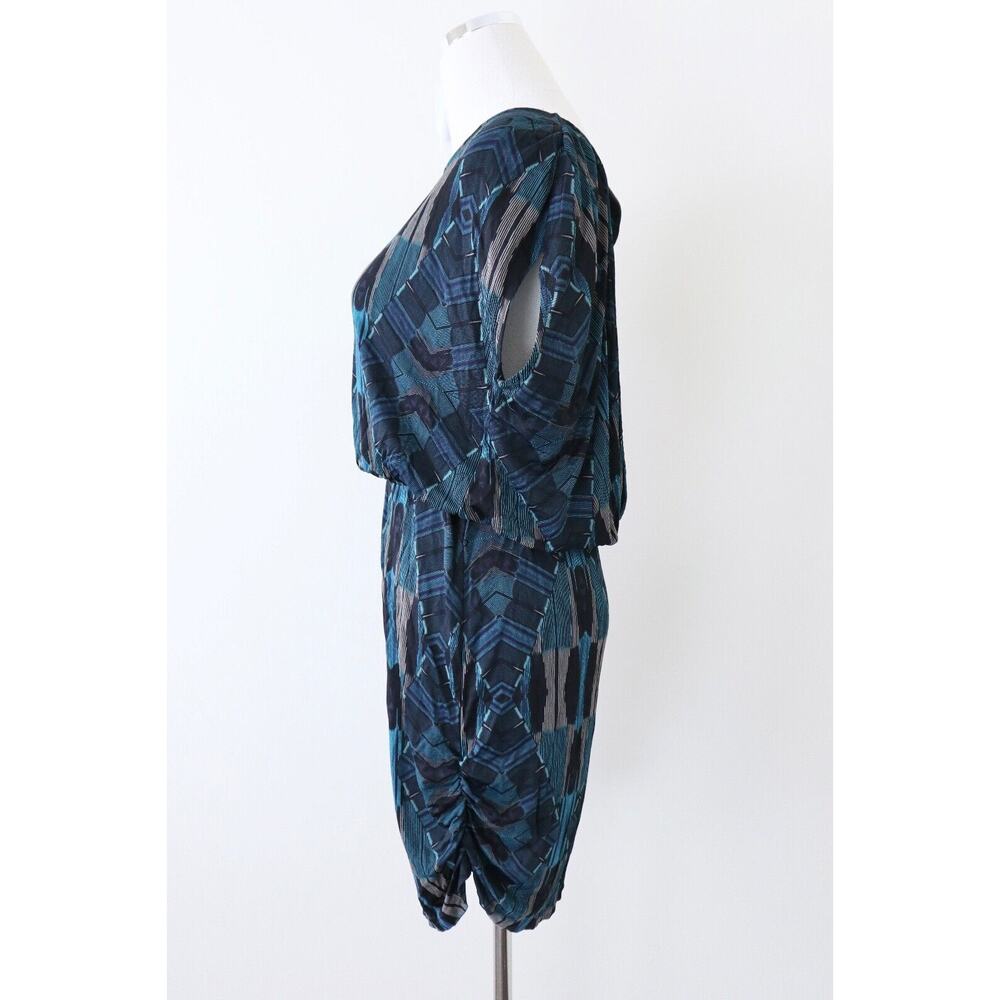 Dolce Vita Size M Geometric Print Dress Leather Cutout Back Ruched Teal Blue - Picture 8 of 13